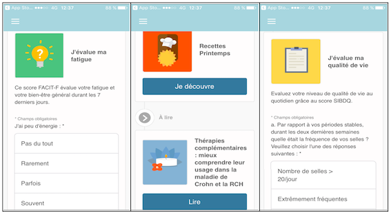 Sur MICI Connect, il est possible d'évaluer sa fatigue et sa qualité de vie, d'accéder à des recettes et à de multiples articles