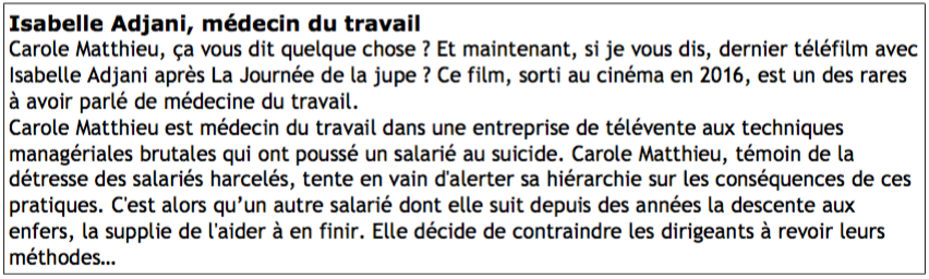 Isabelle Adjani et la médecine du travail